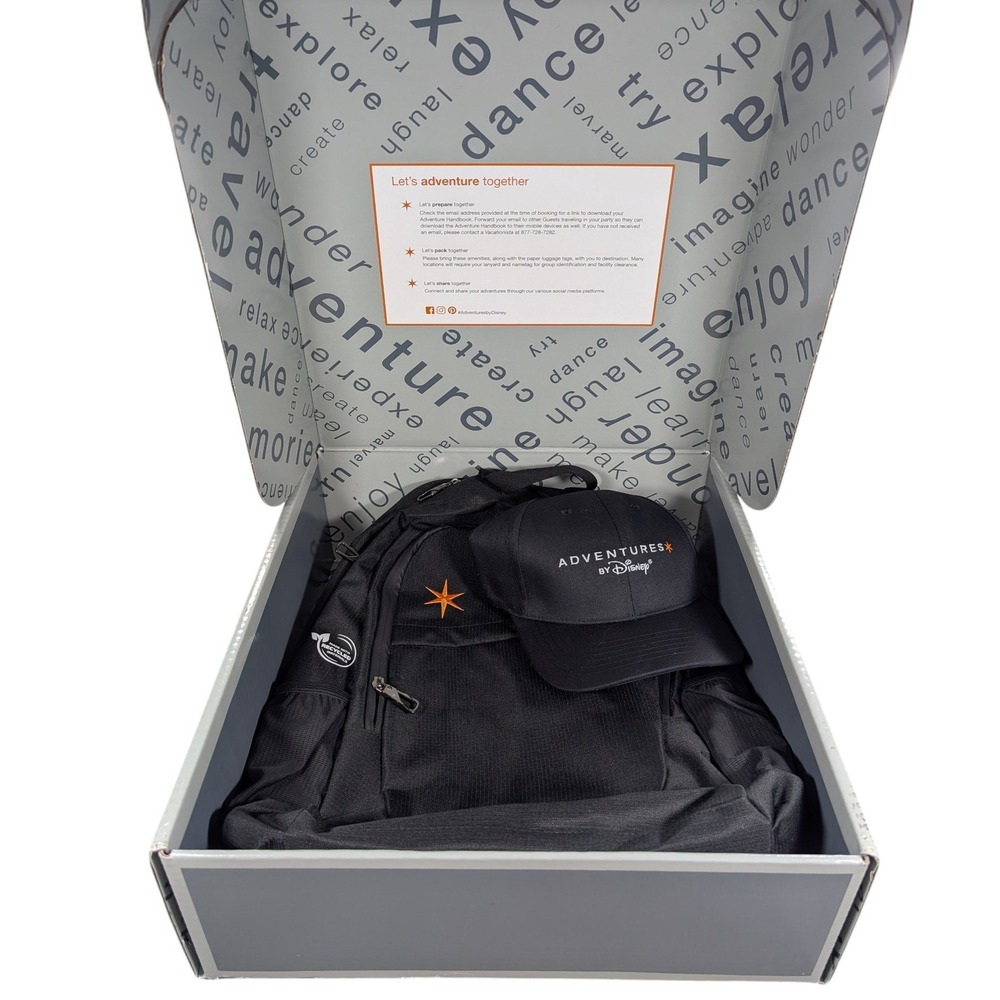 Adventures by Disney‎ Welcome Gift Box Set Backpack 2 Hats Travel Promo Recycled